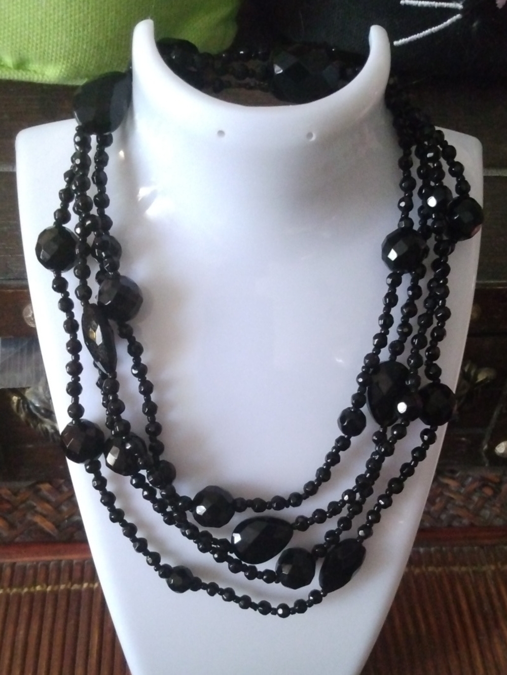 Black Layered Beaded Statement Necklace Glass Vintage 22" Approx